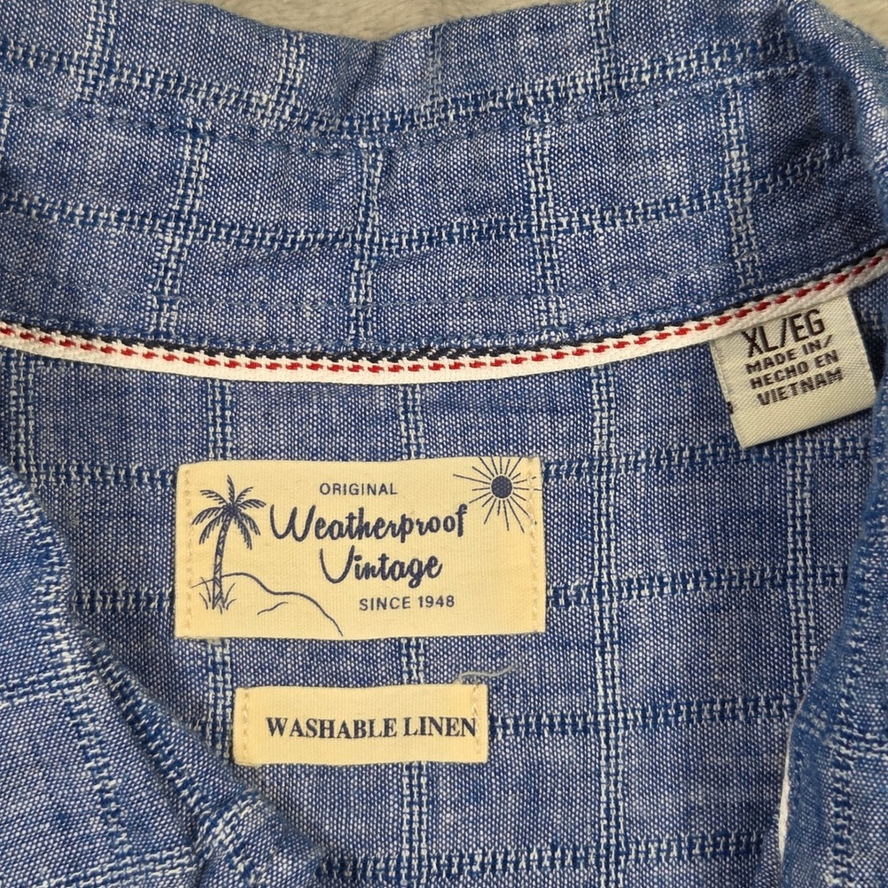 Weatherproof Vintage Mens XL Blue Windowpane Linen Cotton Short Sleeve Shirt - Picture 4 of 6